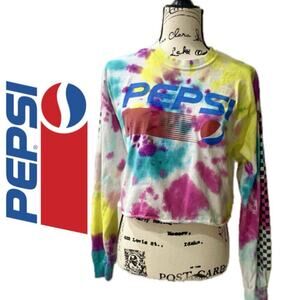 PEPSI TIE DYE CROPPED T-SHIRT LONG SLEEVE SZ MEDIUM 100% COTTON RETRO AESTHETIC